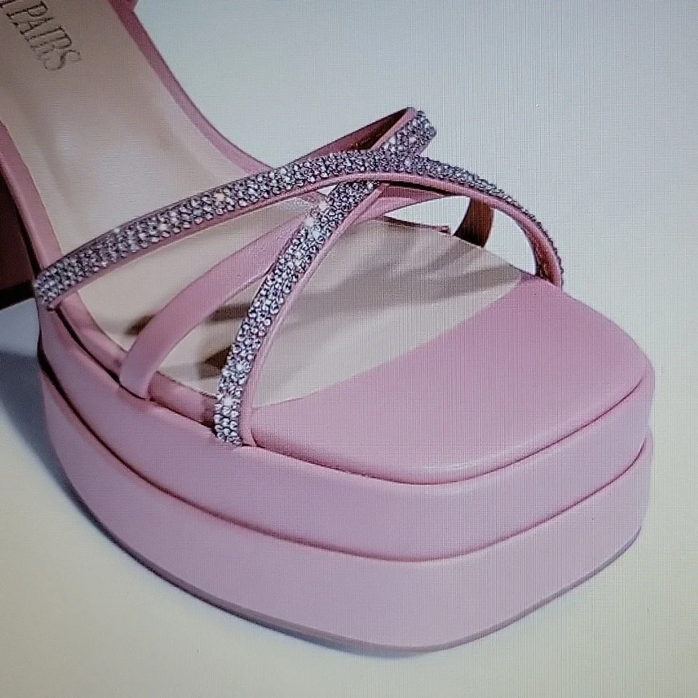 Dream Pairs pink platform heel lace up rhinestone tie strap chunky heel 7.5 NEW…